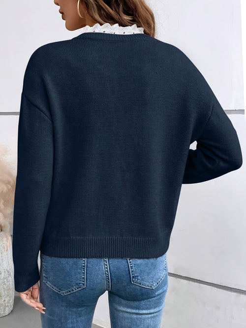 Delphine Ribbed Knit Blouse with Lace Collar