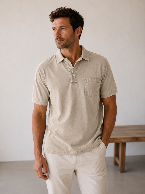 Men's Denim Polo Shirt with Button Placket - Relaxed Straight Fit Short-Sleeve Polo Collar Shirt