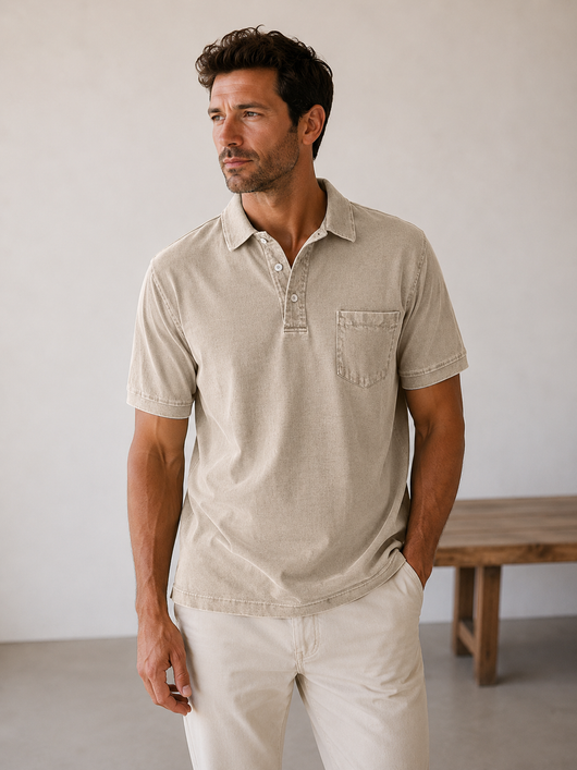 Men's Denim Polo Shirt with Button Placket - Relaxed Straight Fit Short-Sleeve Polo Collar Shirt
