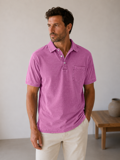 Men's Denim Polo Shirt with Button Placket - Relaxed Straight Fit Short-Sleeve Polo Collar Shirt