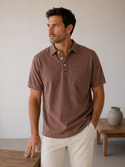 Men's Denim Polo Shirt with Button Placket - Relaxed Straight Fit Short-Sleeve Polo Collar Shirt