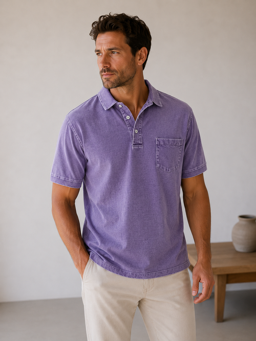 Men's Denim Polo Shirt with Button Placket - Relaxed Straight Fit Short-Sleeve Polo Collar Shirt