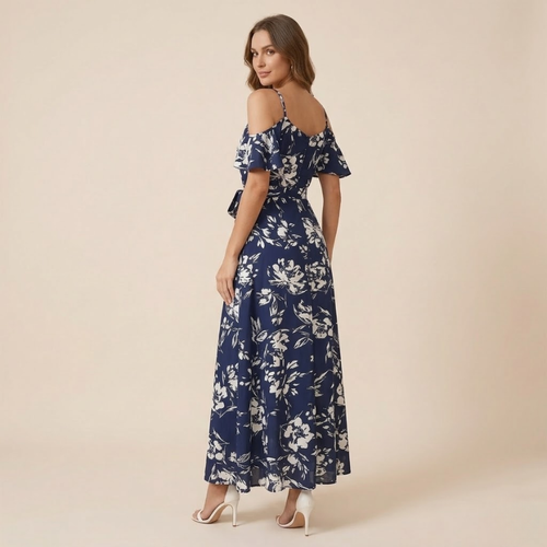 Women's Floral Cold-Shoulder Maxi Dress - Flowing Silhouette Dress with Adjustable Straps