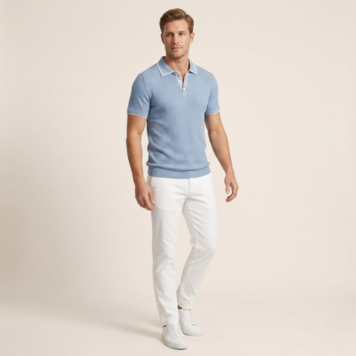Men's Ribbed Short-Sleeve Polo Shirt - Slim Fit Rib-Knit Polo with Vertical Ribbed Texture