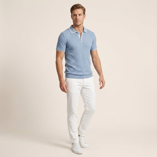 Men's Ribbed Short-Sleeve Polo Shirt - Slim Fit Rib-Knit Polo with Vertical Ribbed Texture