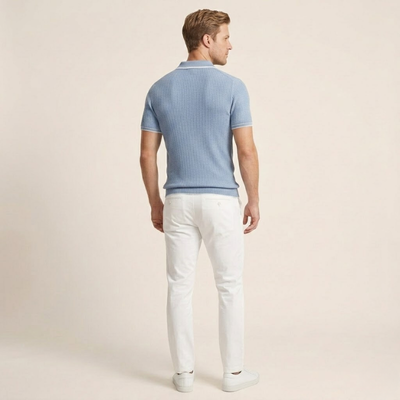 Men's Ribbed Short-Sleeve Polo Shirt - Slim Fit Rib-Knit Polo with Vertical Ribbed Texture