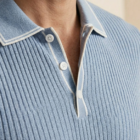 Men's Ribbed Short-Sleeve Polo Shirt - Slim Fit Rib-Knit Polo with Vertical Ribbed Texture