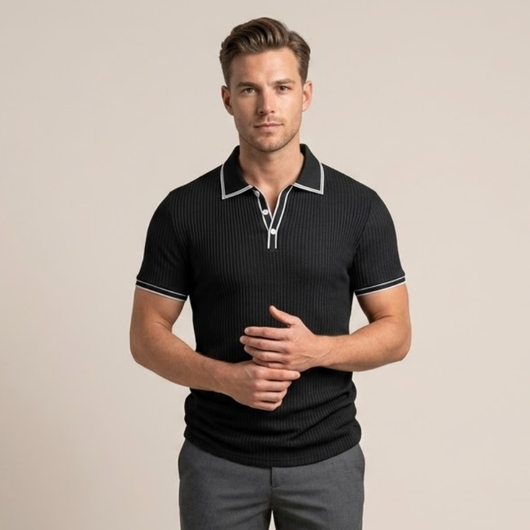 Men's Ribbed Short-Sleeve Polo Shirt - Slim Fit Rib-Knit Polo with Vertical Ribbed Texture