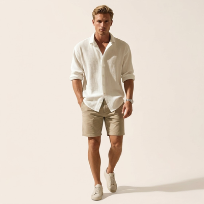 Men's Textured Long-Sleeve Button-Up Shirt - Relaxed Regular Fit Shirt with Open Collar