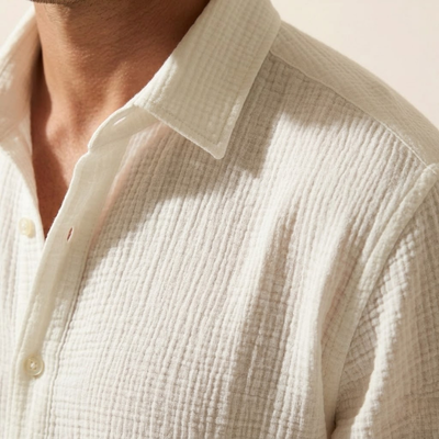 Men's Textured Long-Sleeve Button-Up Shirt - Relaxed Regular Fit Shirt with Open Collar