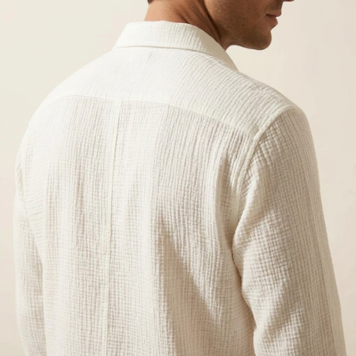 Men's Textured Long-Sleeve Button-Up Shirt - Relaxed Regular Fit Shirt with Open Collar