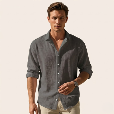 Men's Textured Long-Sleeve Button-Up Shirt - Relaxed Regular Fit Shirt with Open Collar