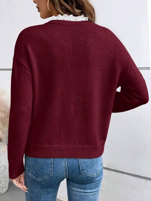 Delphine Ribbed Knit Blouse with Lace Collar