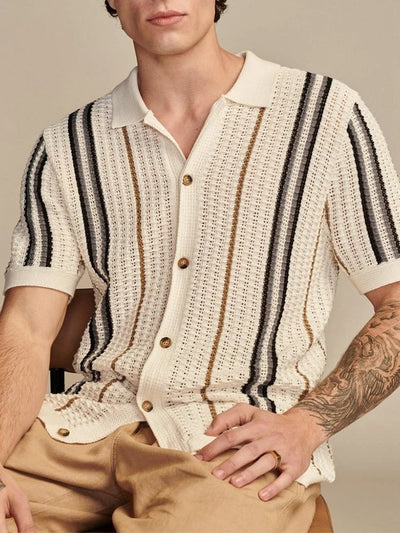 Men's Polo Shirt with Button-Front Placket - Slim Fit Polo with Contrast Panels and Ribbed Center