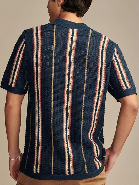 Men's Polo Shirt with Button-Front Placket - Slim Fit Polo with Contrast Panels and Ribbed Center