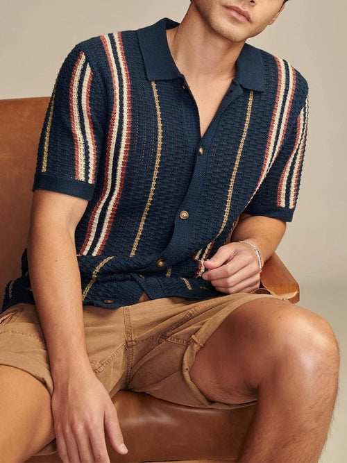 Men's Polo Shirt with Button-Front Placket - Slim Fit Polo with Contrast Panels and Ribbed Center