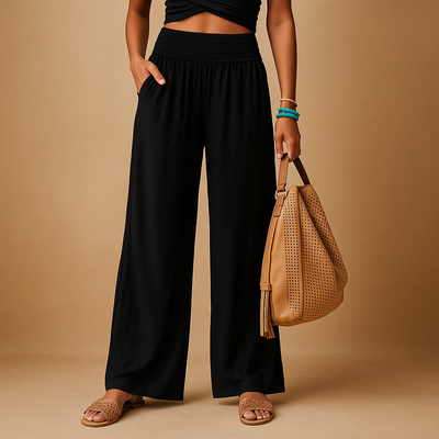 Women's High-Waist Wide-Leg Trousers - Relaxed Fit Trousers with Elastic Waistband