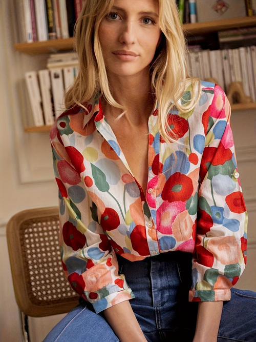 Odette Floral Linen Button-Down Blouse
