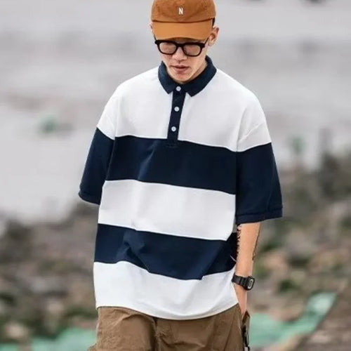 Japanese Retro Striped Polo Shirt | Short Sleeve Colorblock Summer Polo