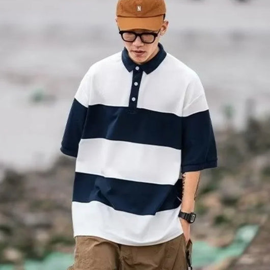 Japanese Retro Striped Polo Shirt | Short Sleeve Colorblock Summer Polo
