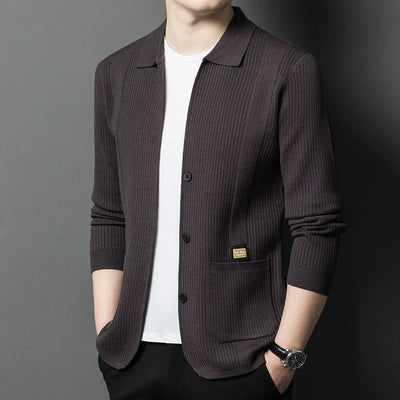 Men's Solid Color Knitted Cardigan | Business Lapel Sweater Jacket
