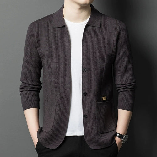 Men's Solid Color Knitted Cardigan | Business Lapel Sweater Jacket