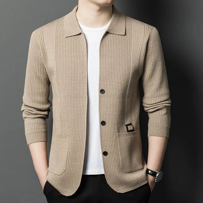 Men's Solid Color Knitted Cardigan | Business Lapel Sweater Jacket