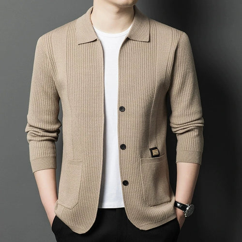 Men's Solid Color Knitted Cardigan | Business Lapel Sweater Jacket
