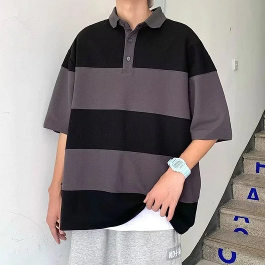 Japanese Retro Striped Polo Shirt | Short Sleeve Colorblock Summer Polo