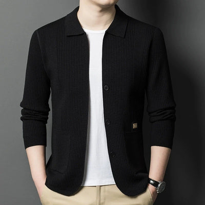 Men's Solid Color Knitted Cardigan | Business Lapel Sweater Jacket