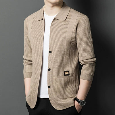 Men's Solid Color Knitted Cardigan | Business Lapel Sweater Jacket