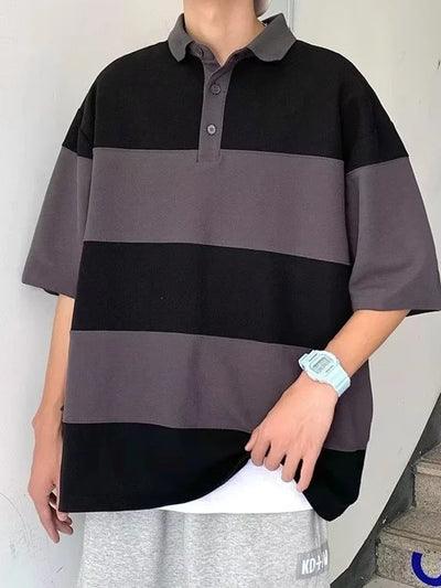 Japanese Retro Striped Polo Shirt | Short Sleeve Colorblock Summer Polo