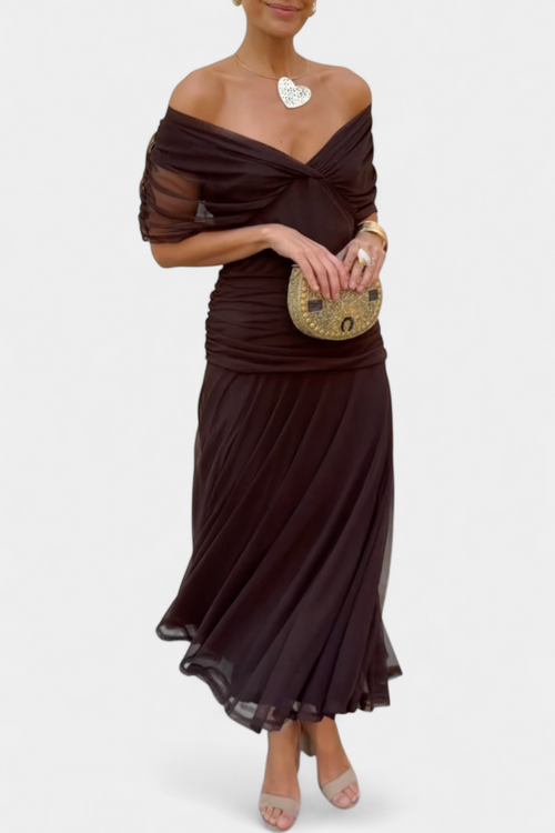 Noelle Off-Shoulder Ruched Midi Dress