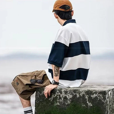 Japanese Retro Striped Polo Shirt | Short Sleeve Colorblock Summer Polo