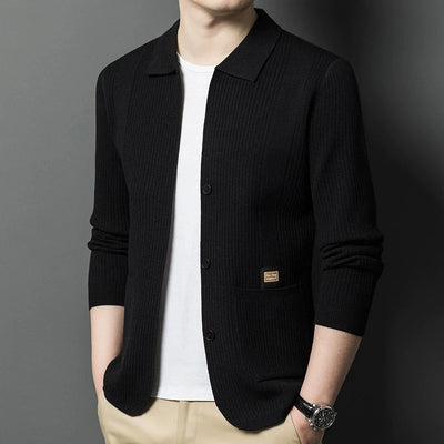 Men's Solid Color Knitted Cardigan | Business Lapel Sweater Jacket