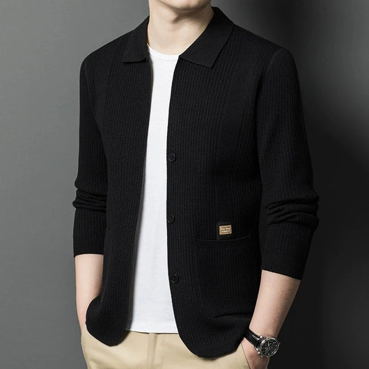 Men's Solid Color Knitted Cardigan | Business Lapel Sweater Jacket