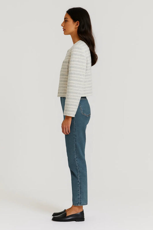 Women's Tweed Button-Front Cardigan Jacket - Classic Round Neckline Cardigan with Gold-Tone Buttons