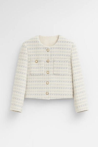 Women's Tweed Button-Front Cardigan Jacket - Classic Round Neckline Cardigan with Gold-Tone Buttons