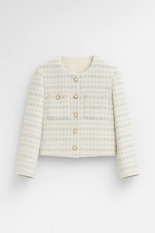 Women's Tweed Button-Front Cardigan Jacket - Classic Round Neckline Cardigan with Gold-Tone Buttons