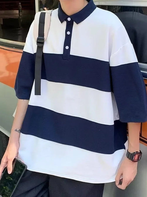 Japanese Retro Striped Polo Shirt | Short Sleeve Colorblock Summer Polo