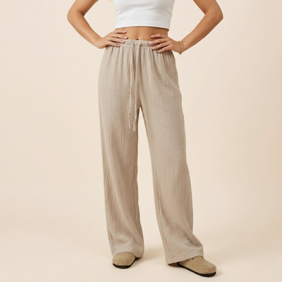 Women's Flowy Wide-Leg Pants with Elastic Drawstring Waist - Roomy Full-Length Pants