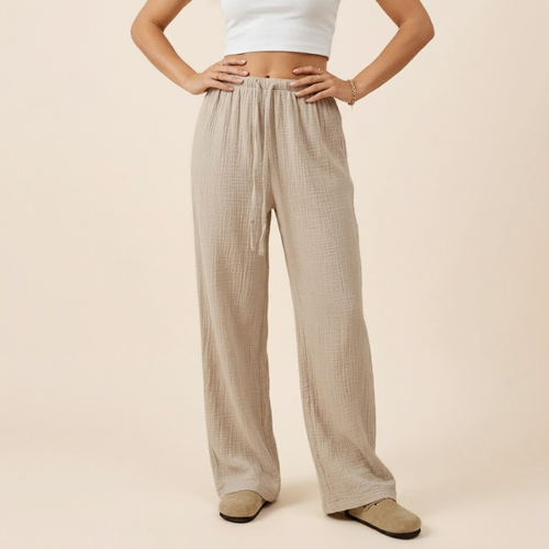 Women's Flowy Wide-Leg Pants with Elastic Drawstring Waist - Roomy Full-Length Pants