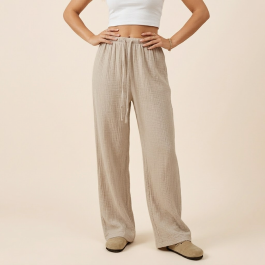 Women's Flowy Wide-Leg Pants with Elastic Drawstring Waist - Roomy Full-Length Pants