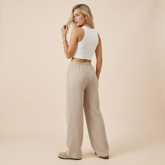 Women's Flowy Wide-Leg Pants with Elastic Drawstring Waist - Roomy Full-Length Pants