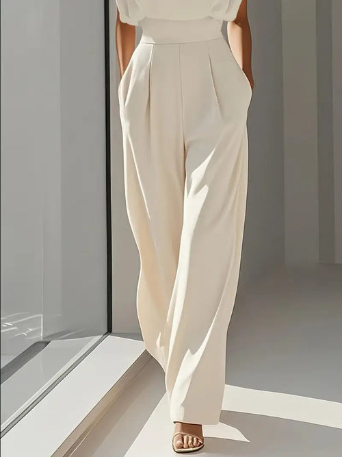 Women's Sleeveless Jumpsuit with Wide-Leg Silhouette - Draped Neckline Jumpsuit with Pleated Waist