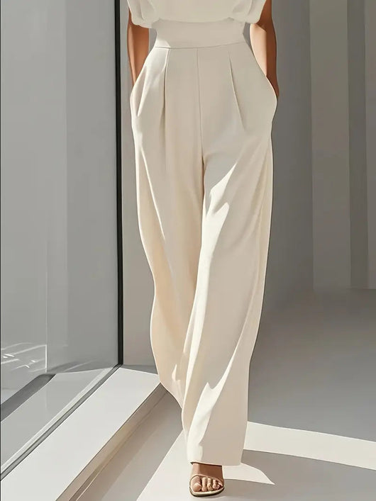 Women's Sleeveless Jumpsuit with Wide-Leg Silhouette - Draped Neckline Jumpsuit with Pleated Waist