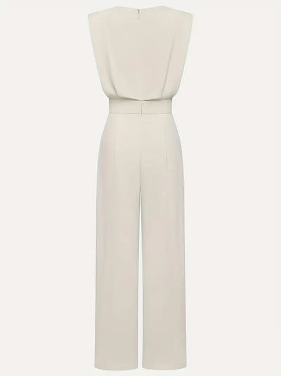 Women's Sleeveless Jumpsuit with Wide-Leg Silhouette - Draped Neckline Jumpsuit with Pleated Waist