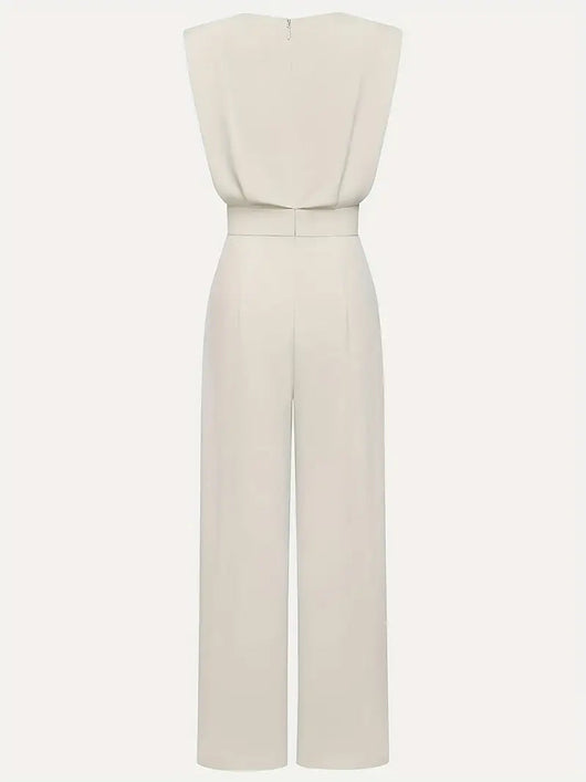 Women's Sleeveless Jumpsuit with Wide-Leg Silhouette - Draped Neckline Jumpsuit with Pleated Waist