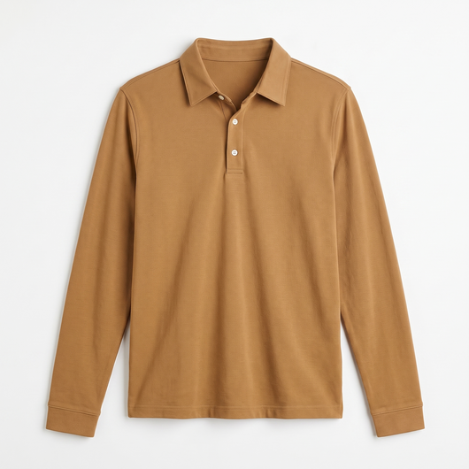 Men's Long-Sleeve Polo Shirt - Camel - flat lay