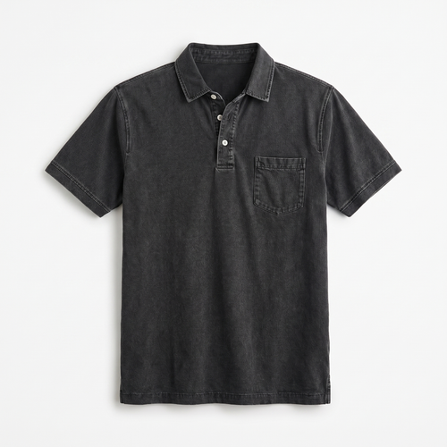 Men's Denim Polo Shirt with Button Placket - Relaxed Straight Fit Short-Sleeve Polo Collar Shirt